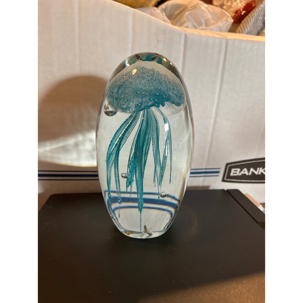 Blue Jellyfish Art Glass Paperweight Nautical Sea Life Glass Sculpture 5.5"